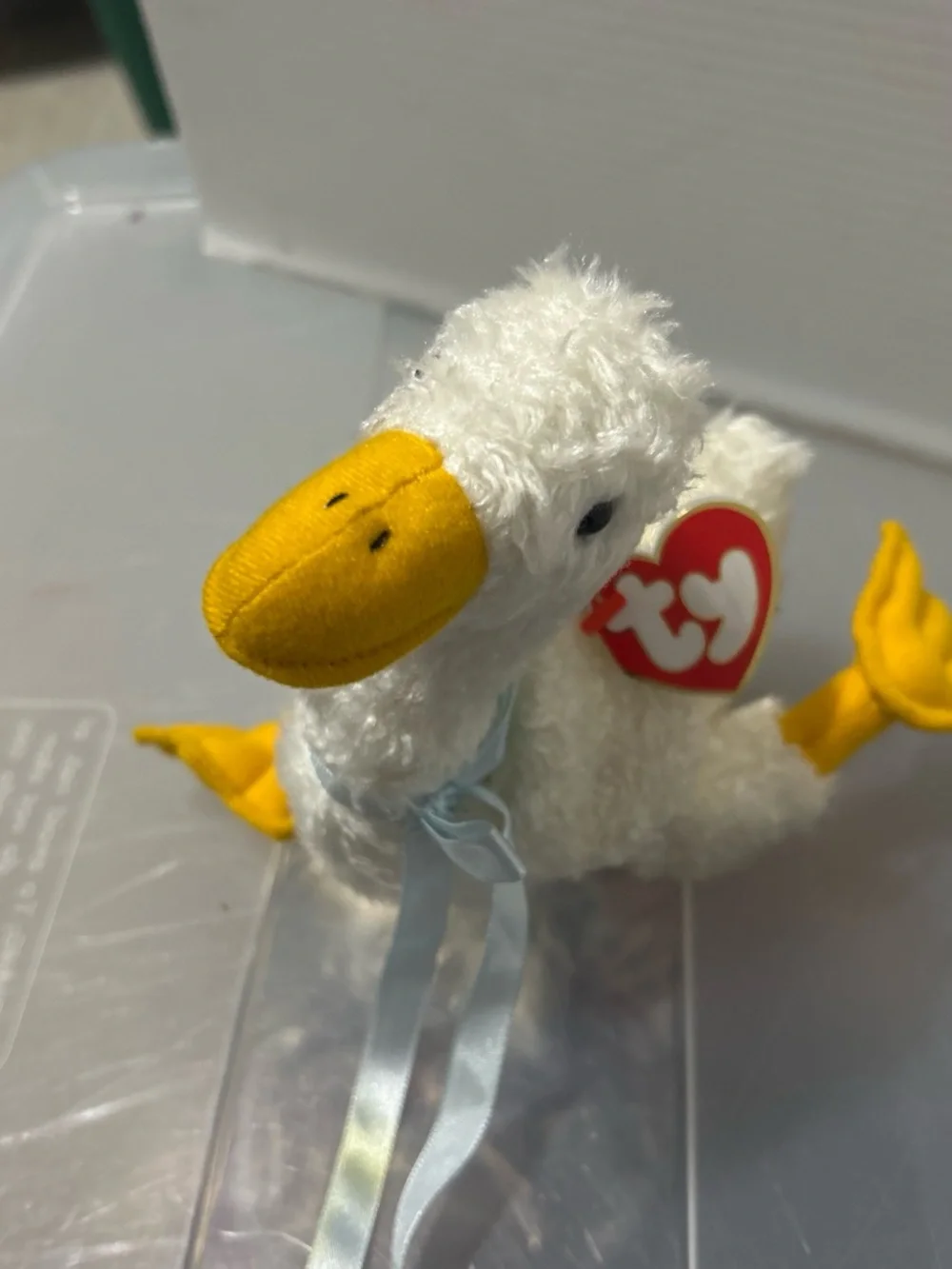 Ty White Plush Duck with Yellow Beak & Feet and Blue Ribbon